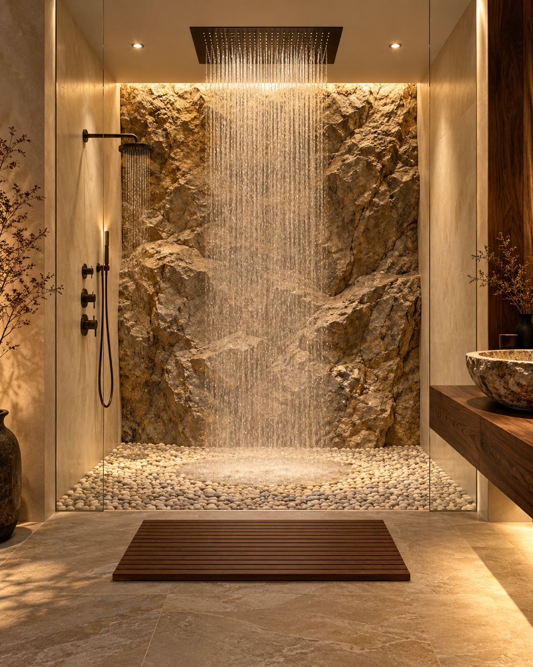 Luxury stone walk-in shower with rain head and pebble floor