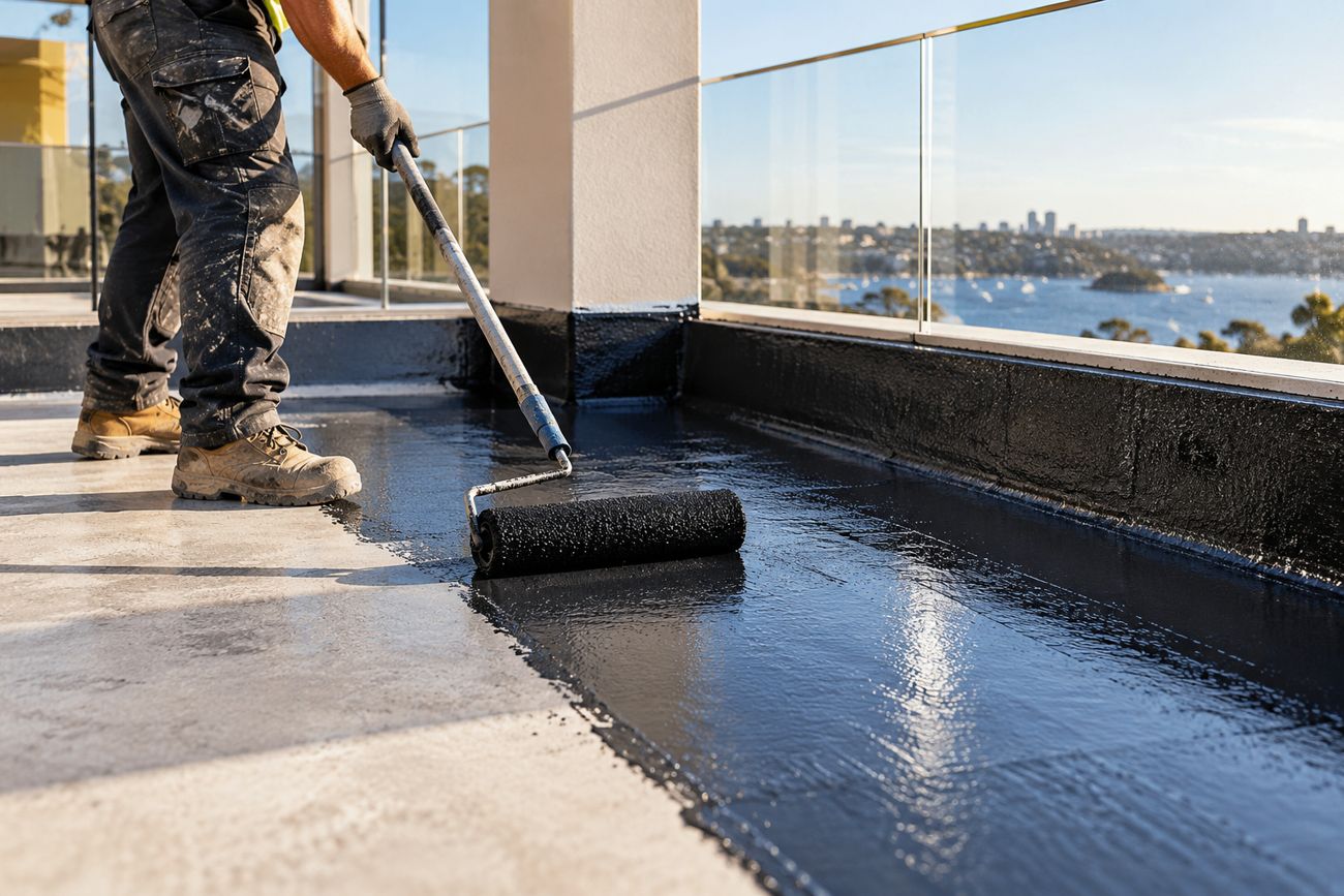 Liquid waterproofing membrane being rolled onto a rooftop terrace with harbour views
